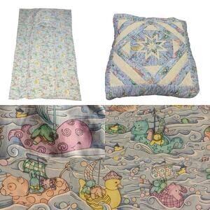 Vintage Handmade Quillow Pillow Blanket Storybook Animal Boats 41x66